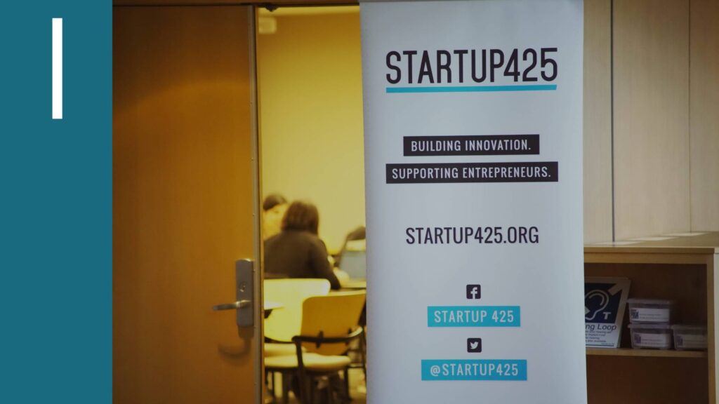Startup 425 banner outside a CoWorking event
