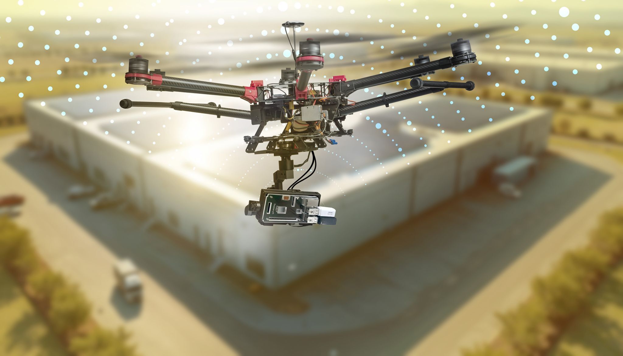 Drone flying over building